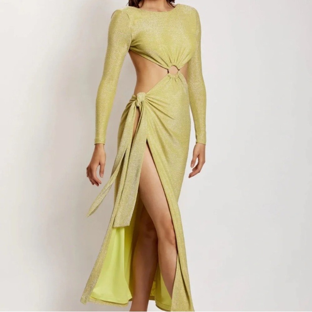 NWT MESHKI Christina Backless Maxi Wrap Dress Green Shimmer Cutout Long Sleeve L